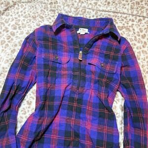 LL Bean Flannel Shirt Womens XS Plaid Relaxed Fit Half Zip